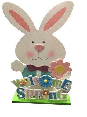 HANDCRAFTED WELCOME SPRING RABBIT /EASTER DEORATING WOODEN SHELF SITTER FIGURINE